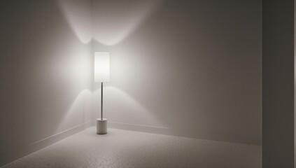Modern minimalist room corner, tall lamp illuminates white walls and floor