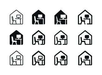 Obraz premium Remote Work Icons. Remote work revolution post-pandemic. Icon set. Set Logo of Remote work revolution post-pandemic: home office desk. harmonious
