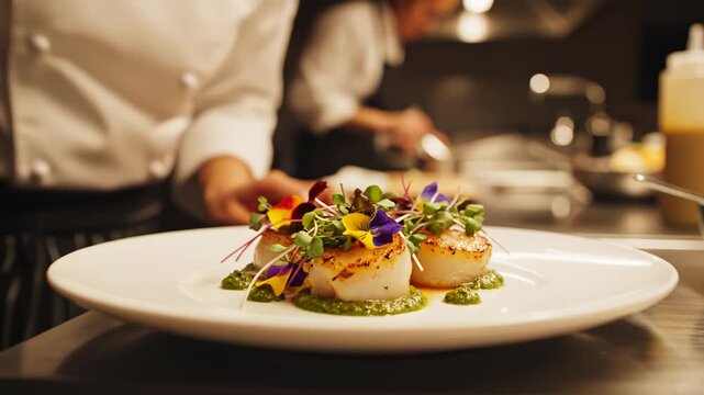 Chef garnishing scallops with sauce