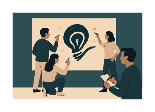 Collaborative Vision Sketching. Co-creation moment. Team members sketching on a large shared board; brushstroke sparks forming a collective vision. Gentle
