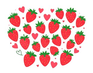 Many bright red strawberries interspersed with small, cheerful pink hearts on white