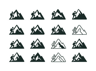 Mountain Climber Logos. mountain climbers. Icon set. Set Logo of mountain climbers: mountain ridge. harmonious logo variations of the same emblematic concept,