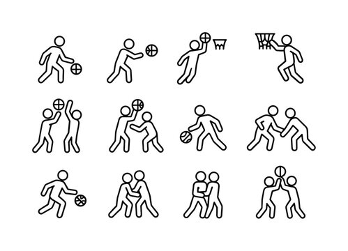 Basketball Line Icons. Basketball actions. Line icon set of basketball actions: dribble, pass, shoot, dunk, rebound, block, steal, crossover, layup, screen,