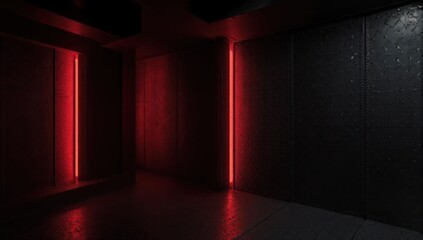 Interior dark space with vertical red lights on textured walls