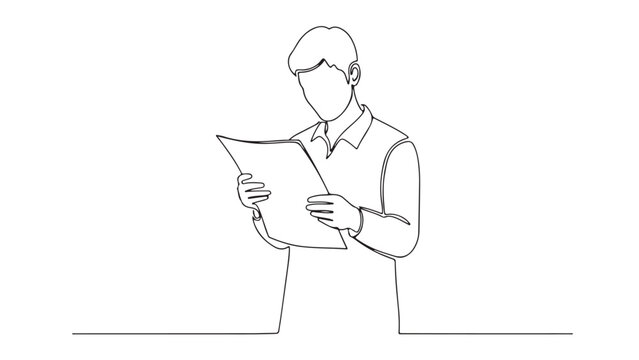 Continuous line drawing of a man reading a document or newspaper, minimalist vector illustration