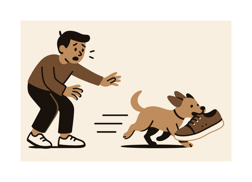 Sneaker Snatcher. Pet hiding the shoe. A small pet running off with a sneaker; motion lines trailing behind. Person reaching out in mild panic. Modern flat