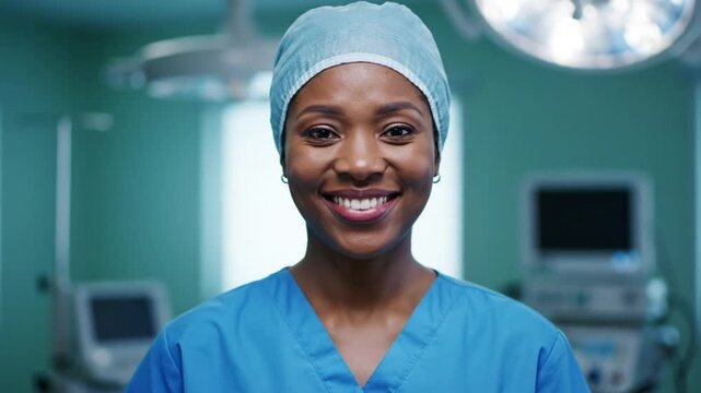 Smiling Black Female Surgeon in Scrubs and Cap in Operating Room