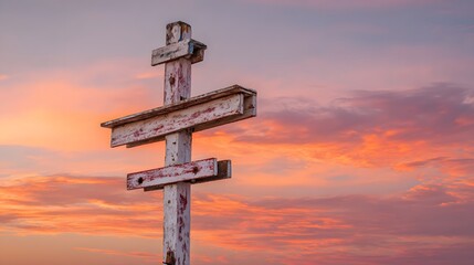 Weathered wooden structure against vibrant sunset. Pink and orange hues illuminate the sky