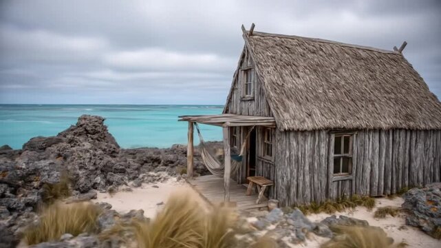 Rustic wooden beach hut with thatched roof sits on rocky coast.