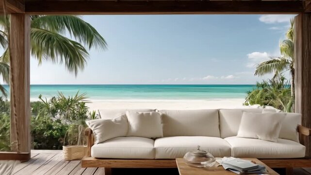 Serene tropical veranda offers ocean views with comfortable seating and hammock.