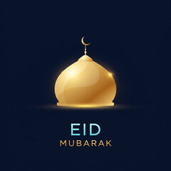 Minimalist 3D gold mosque dome icon Eid Mubarak greeting. Dark blue background with realistic golden Islamic architecture symbol and modern typography.