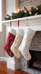 Festive Stockings by the Fireplace: A warm and inviting scene, featuring an array of holiday stockings hung by a cozy fireplace, surrounded by cheerful decorations.
