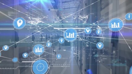 Animation of network of connections over server room - Powered by Adobe