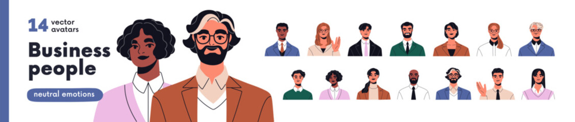 Business people avatars set. Head portraits of employees, office workers, entrepreneurs for user profiles. Male and female professionals in suits. Flat vector illustration isolated on white background