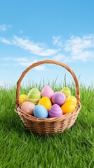 Easter Basket filled with eggs: A woven basket overflows with brightly painted Easter eggs, resting amidst vibrant green grass under a clear, cloud-dotted blue sky.