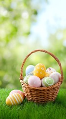 Easter Basket Delights: A rustic basket brimming with colorful, decorated Easter eggs, resting on a bed of vibrant green grass, evoking the essence of springtime and festive cheer.