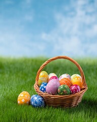 Easter Egg Hunt: A charming basket overflows with colorful Easter eggs, nestled amidst the lush green grass, under a bright blue sky. It's a joyful symbol of spring.