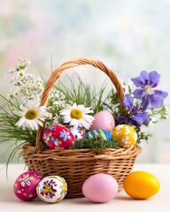 Easter Basket of Festive Eggs: A charming, woven basket overflowing with vibrantly painted Easter eggs and adorned with fresh, colorful spring flowers, embodying the joy and renewal of the season.
