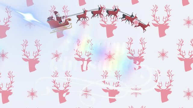 Animation of santa claus in sleigh being pulled by reindeers against reindeer face pattern design