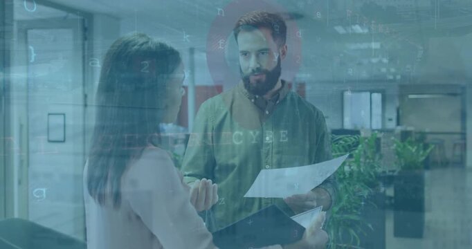 Animation of texts, numbers, letters, navigation pin, diverse coworkers discussing reports in office
