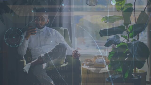 Animation of data processing with cyber attack warning over technician and computer server