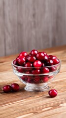 Cranberries in Bowl: Vivid red cranberries fill a clear glass bowl, artfully arranged against a warm, rustic wooden surface and a textured backdrop.