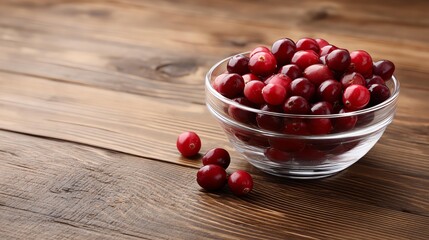 Cranberries in Bowl: A close-up shot of a glass bowl filled with vibrant red cranberries, set against a rustic wooden surface, exuding freshness and natural goodness.
