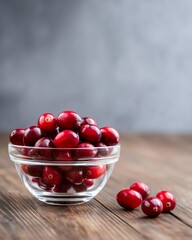 Cranberries in a Glass Bowl: A vibrant array of fresh, ruby-red cranberries overflows a transparent glass bowl, elegantly displayed on a weathered wooden surface with a soft, natural aesthetic.