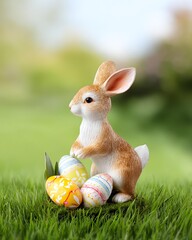 Easter Bunny with Eggs: A charming, decorative bunny stands amidst vibrantly painted Easter eggs on a bed of fresh green grass, set against a blurred nature background.