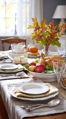 Festive Feast: An inviting Thanksgiving dining table, adorned with a roasted turkey centerpiece, seasonal produce, and elegant tableware, ready for a convivial gathering.