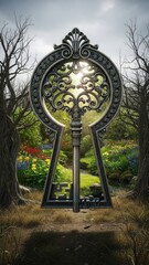 Fototapeta premium Mystical Keyhole in Enchanted Garden Nature Flowers Landscape. Concept featuring keyhole, garden, nature, mystical, flowers.