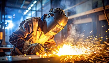 Skilled Welder In Protective Gear Creates Sparks And Smoke With Intense Arc Light In Industrial Workshop