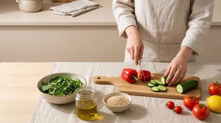 woman hands slicing fresh cucumber and red bell pepper on wooden board