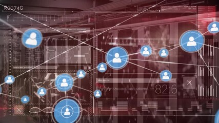 Animation of network of connections and data processing over server room - Powered by Adobe