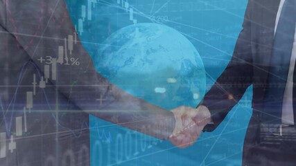 Animation of graphs, globe, computer language, midsection of caucasian entrepreneurs shaking hands - Powered by Adobe