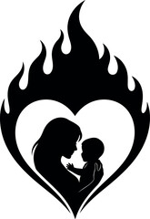 Mother and baby silhouette in flame heart vector illustration isolated on transparent background