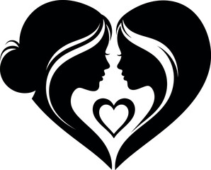 Female profiles heart love connection vector illustration silhouette isolated on transparent background