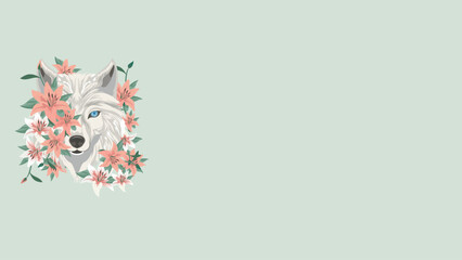 Floral wolf head vector illustration with pink lilies on soft sage background and large copy space, ideal for branding, posters, stickers, apparel prints, invitations, social media headers.