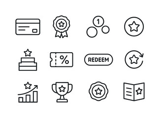 Reward Icons Set. Reward Programs. Line icon set of Reward Programs: reward card, membership badge, points icon, star token, reward tier, coupon label, redeem