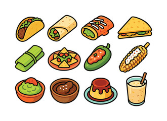 Mexican Cuisine Icons. Mexican cuisine. Colorful isometric vector icons set of Mexican cuisine: taco, burrito, enchilada, quesadilla, tamale, nachos, chiles