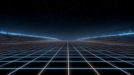 Futuristic grid background with neon blue lines and black space, digital cyberpunk scenery with glowing blue grid lines stretching into the distance