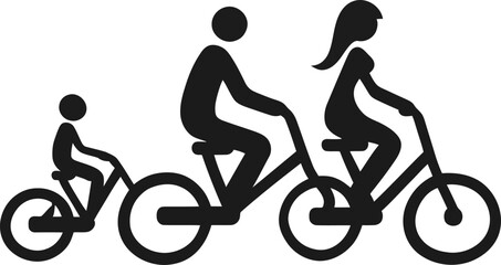 Naklejka premium A dynamic family ride featuring happy modern parents and child cycling together in silhouette