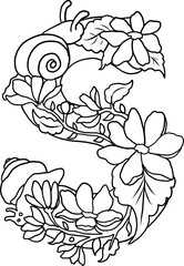 Floral alphabet letter A-Z hand drawn Illustration, Decorative botanical typography for coloring Pages and creative design.Set of flower alphabet.Line art and doodle for t-shirt.Elements with flower.
