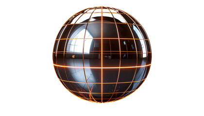 Metallic globe structure with glowing lines on black background