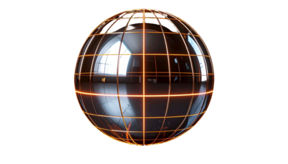 Metallic globe structure with glowing lines on black background