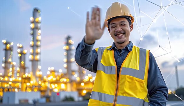Smiling Male Engineer Waving Hello in Yellow Safety Vest and Hard Hat at Industrial Refinery Complex at Dusk