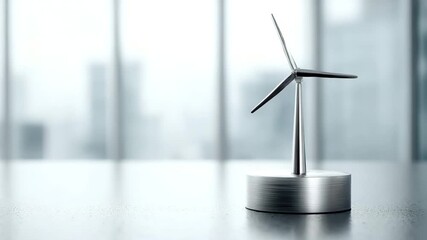 A miniature wind turbine on a reflective surface in a modern office space. The turbine symbolizes sustainability, environmental responsibility, and green energy - Powered by Adobe