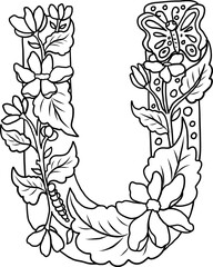 Floral alphabet letter A-Z hand drawn Illustration, Decorative botanical typography for coloring Pages and creative design.Set of flower alphabet.Line art and doodle for t-shirt.Elements with flower.