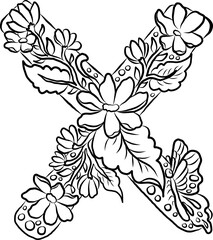 Floral alphabet letter A-Z hand drawn Illustration, Decorative botanical typography for coloring Pages and creative design.Set of flower alphabet.Line art and doodle for t-shirt.Elements with flower.