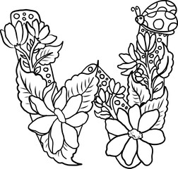 Floral alphabet letter A-Z hand drawn Illustration, Decorative botanical typography for coloring Pages and creative design.Set of flower alphabet.Line art and doodle for t-shirt.Elements with flower.